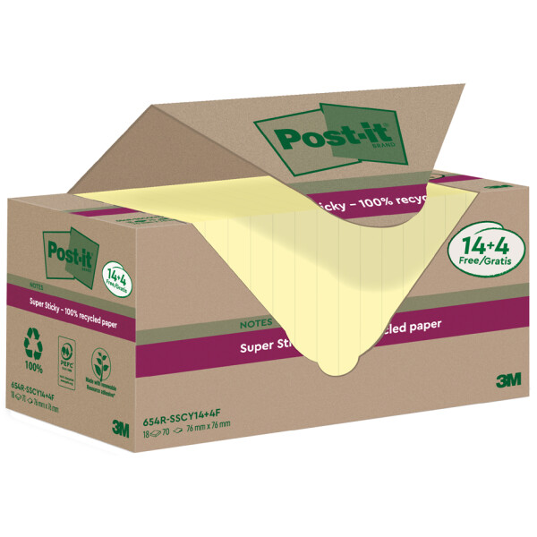Post-it Super Sticky Recycling Notes, 47,6 x 47,6 mm, gelb