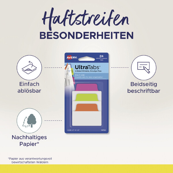 AVERY Zweckform Haftstreifen UltraTabs Neon, 63,5 x 25 mm