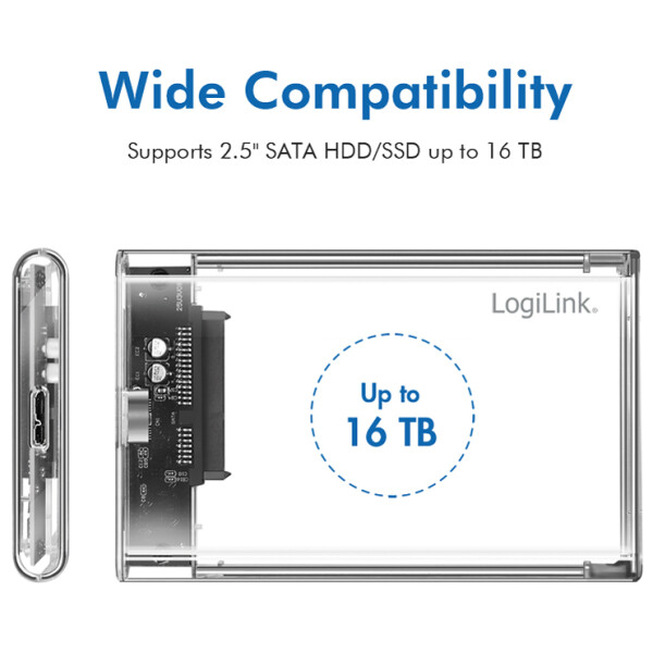 LogiLink 2,5" SATA Festplatten-Gehäuse, USB 3.0, transparent