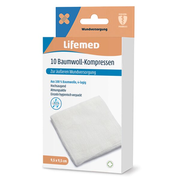 Lifemed Baumwoll-Kompressen, 95 x 95 mm, wei&szlig;
