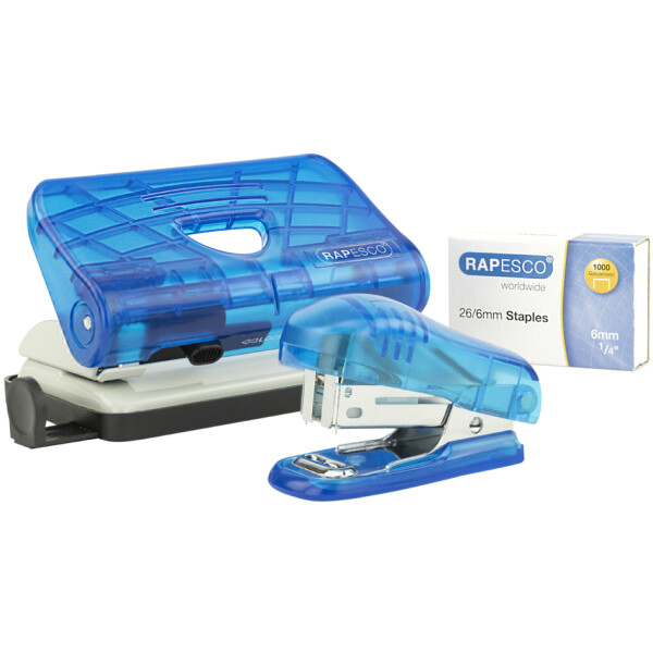 RAPESCO Heftgerät- & Locher-Set, blau-transparent
