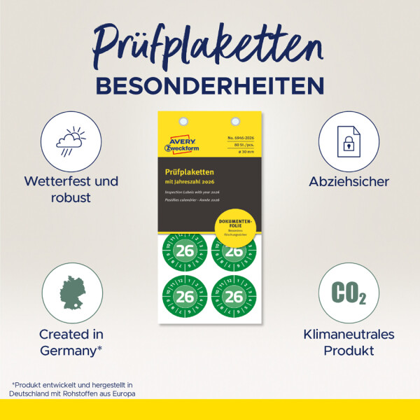 AVERY Zweckform Prüfplaketten, 2026, NoPeel, grün, 20 mm