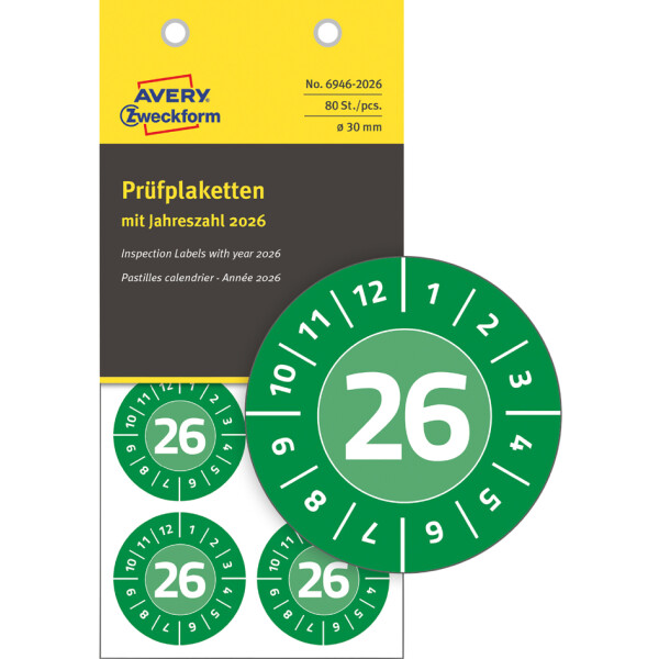 AVERY Zweckform Prüfplaketten, 2026, NoPeel, grün, 20 mm