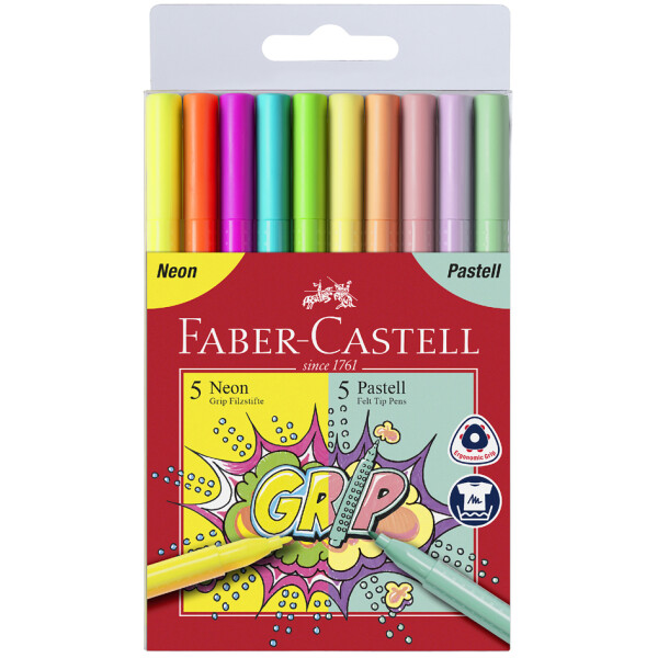 FABER-CASTELL Fasermaler GRIP Neon + Pastell, 10er Etui